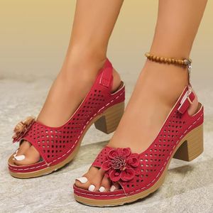 SHJO High Heels Women Party Artificial Leather Breathable Block Heel Floral Summer Fashion Shoes - Red