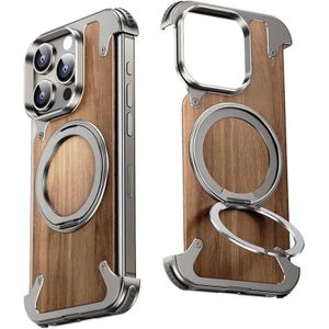Magnetic Wood-Armor Case (Natural Walnut & Aluminum) with Hidden 360° Ring Stand, Shockproof Protective Wooden Cover for iPhone 16 Pro Max – Titanium Finish Edition