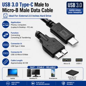 USB 3.0 Type-C Male to Micro-B Male Data Cable Ideal For 2.5 Inches External Hard Drive - 40 CM Black