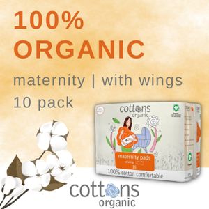 Cottons  oRGARNIC Maternity Sanitary Pads with Wings, Pack of 10, Heavy Flow, 100% Organic Cotton, Maternity Pads After Birth, Heavy Flow, Hypo-Allergenic, High Absorbency, Post Natal 