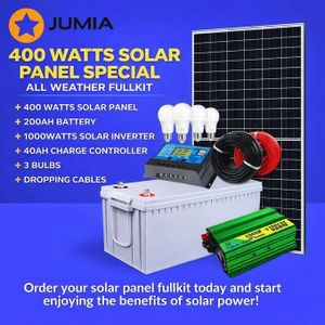 Solarmax 400 Watts Solar Panel Special All Weather Fullkit + 200AH Battery + 1000Watts Solar Inverter + 40 Ah Charge Controller+3 bulbs + dropping cables