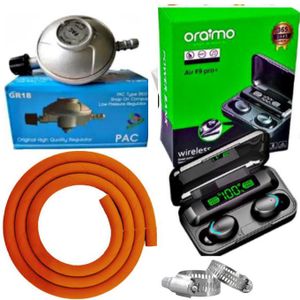 Pac Kitchen Advance standard High Pressure 6kg Gas Regulator Plus FREE Gas Delivery Hose Pipe 2M & Safety Clips For 2 Meko Tabletop Cooker burner + Free F9 Earbuds