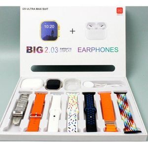 I20 Ultra Max Smart Watch 10-in-1 – Waterproof Fitness Tracker with 7 Straps + Protective Case + Wireless Earphones – Black – Heart Rate, Calls, Notifications