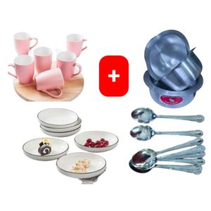 Sundabest  Beautiful Classic Pink Ceramic Coffee/Tea Mug / Cups 6pc Set + FREE 4PCS Stainless Aluminum Sufuria Set, 12pc Table Spoons & 6pc Ceramic  Dinner Plates