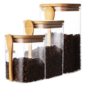 3Set Japanese Style Airtight Glass Jars with Bamboo Lids and Bamboo Spoons  Seasoning Box Coffee Bean Cans Household Milk Powder Tea Cans