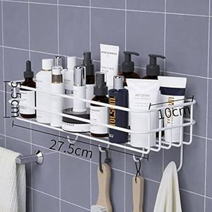 Rectangular Metallic Bathroom Shelf with Hooks Wall-Mounted Storage Rack for Towels Toiletries Durable Rust-Resistant Organizer for Home and Bathroom