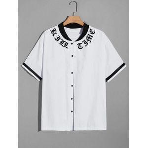 Men’s Short Sleeve Button Shirt – Baseball Collar Graphic Print Shirt – Lightweight Breathable Streetwear Casual (White & Black)
