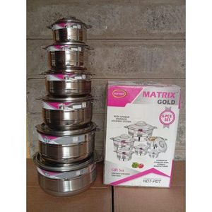 Matrix Gold 6Pcs with Unique Stainless Locking System Hotpot Kitchen Hot Pot Serving Dishes Stainless Steel Hotpots Serveware Set Keep Food Hot or Cold 1200, 2400, 3600, 4800, 7500,10000ML