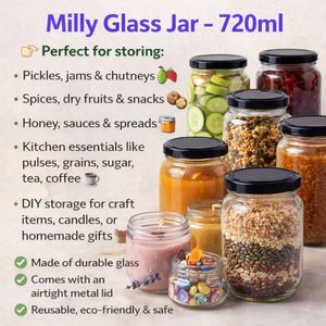 Milly 720ml Glass Storage Jar - Airtight Metal Lid - Premium Reusable Glass Canister for Kitchen Staples, Spices, Pickles, and DIY Crafts