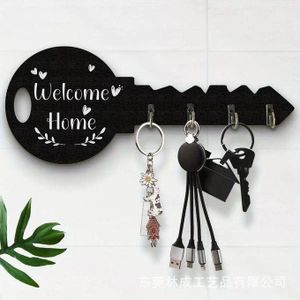 Black Welcome Home Wooden Key Holder with Hooks