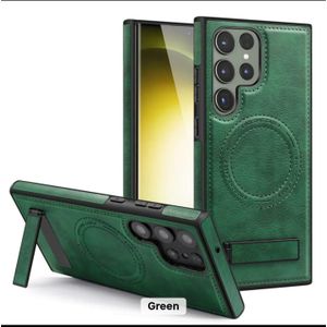 Leather case for Samsung S26 ultra which supports wireless charging and has a kickstand