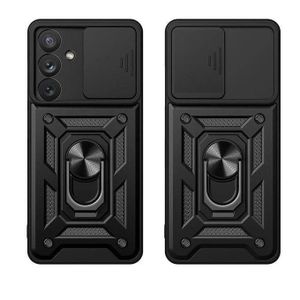 Samsung Galaxy M55 5G Ring Thunder Protective Phone Case, Shockproof Hybrid Kickstand Back Case Defender Cover in Black (Sliding Camera Window)