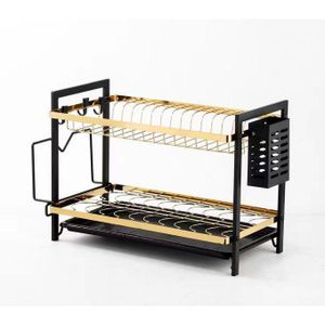 High quality stainless steel dish rack Two tired rack for ample space and quick drying Compact design fits easily on kitchen counters Designed to hold cups, plates, and silverware