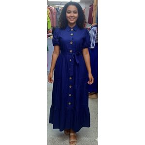 Elegant Button-Down Short Sleeve Midi Dress with Waist Tie