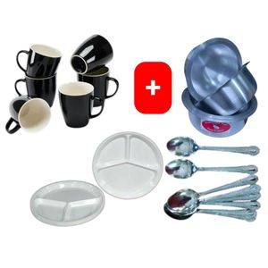 Sundabest Beautiful Classic Black Ceramic Coffee/Tea Mug / Cups 6pc Set + FREE 4PCS Stainless Aluminum Sufuria Set, 12pc Table Spoons & 6pc Melamine Dinner Plates