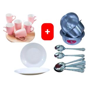 Sundabest Beautiful Classic Pink Ceramic Coffee/Tea Mug / Cups 6pc Set + FREE 4PCS Stainless Aluminum Sufuria Set, 12pc Table Spoons & 6pc Melamine Dinner Plates
