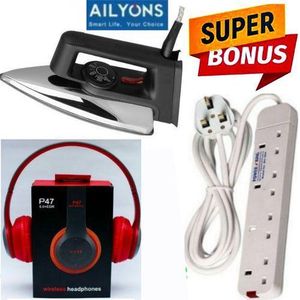 AILYONS HD-199A ELECTRIC DRY IRON BOX SILVER // BEST CLOTHES IRON BOX-1000W// IRONING MACHINE TITANIUM ELECTRIC DELUXE IRON BOX-1000W + FREE GIFT ADJUSTABLE BLUETOOTH WIRELESS EARBUDS// HEADPHONES & 4 WAY POWER EXTENSION
