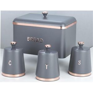 Cavaletto 4-Piece Kitchen Storage Set - 15L Large Bread Bin & 3 Matching Canisters (1.3L) - Durable Carbon Steel Body - High-Capacity Breakfast Collection - Grey