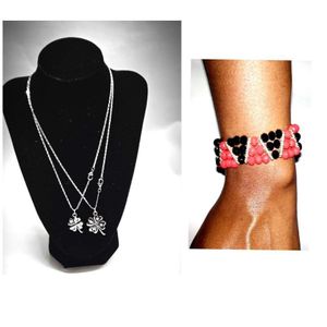 Unisex double silver flower necklace and black and red crystal bracelet combo