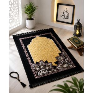 Premium Luxury Velvet Islamic Prayer Mat – Soft Muslim Prayer Rug with Elegant Floral Design (Black & Gold)
