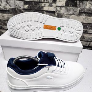 Men's Luxe-Minimalist Court Sneakers - Arctic White & Midnight Navy - Premium Synthetic Leather - Flat Profile Daily Trainers - Size 40-45 - Smart Casual Office Shoes