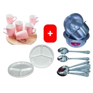 Sundabest Beautiful Classic Pink Ceramic Coffee/Tea Mug / Cups 6pc Set + FREE 4PCS Stainless Aluminum Sufuria Set, 12pc Table Spoons & 6pc Melamine Dinner Plates