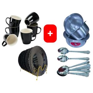 Sundabest  Beautiful Classic Black Ceramic Coffee/Tea Mug / Cups 6pc Set + FREE 4PCS Stainless Aluminum Sufuria Set, 12pc Table Spoons & 6pc Ceramic Dinner Plates
