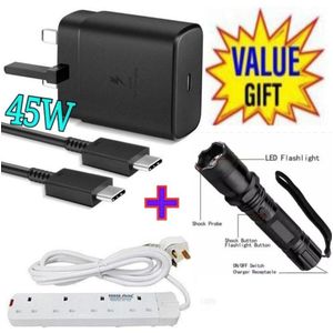 Samsung 45W PD USB-C PD Adapter, Fast Charger For Galaxy S21/S20/Note 20, Power Delivery Wall Charger, Type-C Laptop Charging, 5V/3A 9V/3A 15V/3A 20V/2 + 4 Way Power Extension +Electric Shock Torch