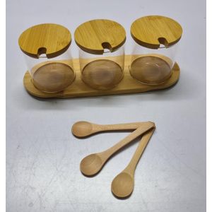 High quality 3in1 glass sugar set with bamboo stand, lids and spoons