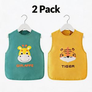 Asiligrove 2 Pack Baby Waterproof Sleeveless Smock Bibs - Cotton-Soft Water Repellent Fabric for Feeding and Art - Fits 0-3 Years (Size 100) - Yellow Tiger & Green Giraffe