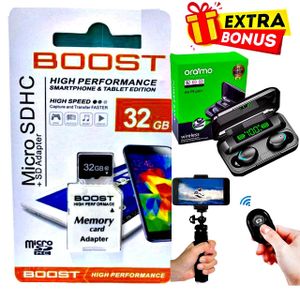 Boost 32 GB Micro SDHC Memory card //Oraimo F9 Earbuds // Tripod Stand Selfie Stick 