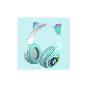 Green Cat Ear Headphones - Wireless Bluetooth, LED Lights, Cute for Girls
