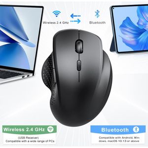 Rechargeable Ergonomic Wireless Mouse, 2.4G & Bluetooth Dual Mode Silent Computer Mouse, Rubber Black