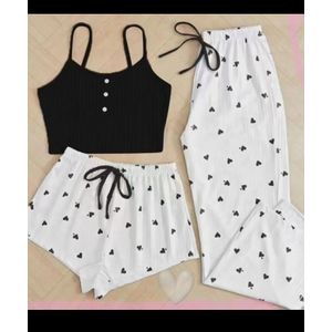 3 Piece Ladies Pajama Set - Cotton Soft Sleepwear Set Crop Top + Shorts + Long Pants Heart Print Loungewear Nightwear