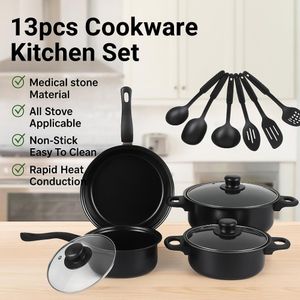addigoes 13-Piece Nonstick Cookware Set with Utensils, PFOA-, Scratch-Resistant, Compatible with All Stoves, Black(Black)