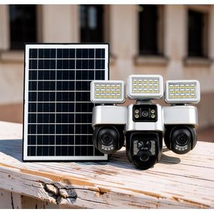 Real-Time Alerts PIR Sensor Alarm Full Color Night Vision Waterproof 4G Triple Lens Solar Camera with Solar Flood Lights