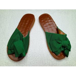 Ladies Green Bow Slide Sandals – Fabric Upper – Natural Rubber Sole