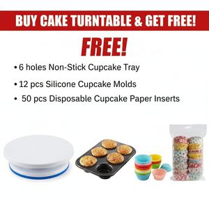 Plastic Cake Turntable 360° Rotational &  6-Hole Non-Stick Cupcake Tray + FREE 12 Silicone Cupcake Molds  +FREE 50 Paper Inserts