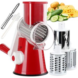 Premium 3-in-1 Rotary Drum Grater & Vegetable Slicer - Manual Round Mandoline Cheese Shredder with Suction Base - Multifunctional Kitchen Tool for Slicing, Shredding, and Grinding