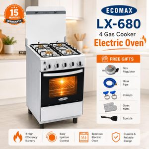 Ecomax 4 Gas Burners Cooker Electric Oven Auto Ignition Free Standing Gas Cooker Silver Free Gifts