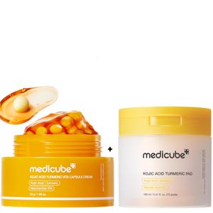 Medicube Kojic Acid Turmeric Vita Capsule Cream with Vitamin C + Kojic Acid Turmeric Pad with Glycolic acid(70 Pads).  Moisturizes, Give a glass skin Glow, Removes dark spots, Hyperpigmentation, Acne marks, Discoloration, Dead Cells, Brightens, Soothes redness