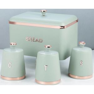 Cavaletto 4-Piece Kitchen Storage Set - 15L Large Bread Bin & 3 Matching Canisters (1.3L) - Durable Carbon Steel Body - High-Capacity Breakfast Collection -Mint Green