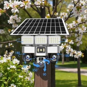 PIR Human Detection Security 12MP 4G PTZ Rotating Triple Lens Two In One V380 Pro 12MP 4G Sim card PTZ Rotating Three Triple Lens screens Outdoor Security Solar CCTV Camera with High Brightness Led Solar Flood Light