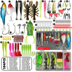 This 104-piece fishing lure set includes a tackle box, tackle, ho-oks, and accessories, suitable for both freshwater and saltwater fishing.