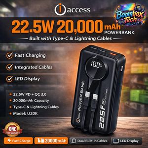 U20K 20000mAh 22.5W Fast Charging Power Bank – Built-In Type-C & Lightning Cables, LED Display, Portable Battery Pack