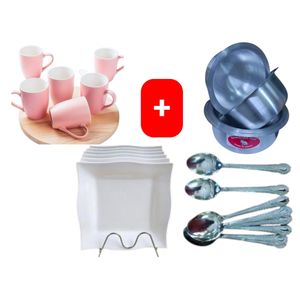 Sundabest  Beautiful Classic Pink Ceramic Coffee/Tea Mug / Cups 6pc Set + FREE 4PCS Stainless Aluminum Sufuria Set, 12pc Table Spoons & 6pc Melamine Dinner Plates