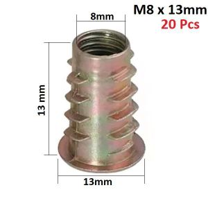 M8 x 13 mm Zinc Alloy Tapping Threaded Inserts for Softwood with Flanged Profile Set of 20Pcs