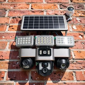 Colored Night Vision PIR Human Detection 12MP 4G PTZ Multiple Lens screens Solar Camera with Solar Flood Light