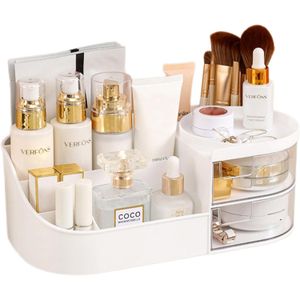 Cosmetic storage box with drawer, makeup table storage box, cosmetic desktop storage box, makeup table brush with lipstick, brush, eyeshadow and desktop adjustment combD-white)