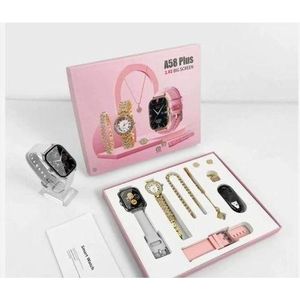 Smartwatch  A58 Plus Series Supports Bluetooth Call Ultra Long Endurance Sleep Monitoring + Additional Women's Diamond Set Small Gold Watch Necklace Ring Earrings Bracelet Set Gift Box